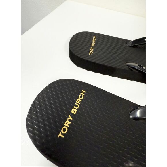 Tory Burch Pearl Embellished Flip Flop Sandals Logo 8 Black - Picture 4 of 5